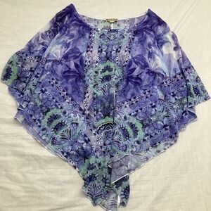 Energe World Wear Shirt Womens  Blouse Green Blue Short Sleeve Layered Paisley